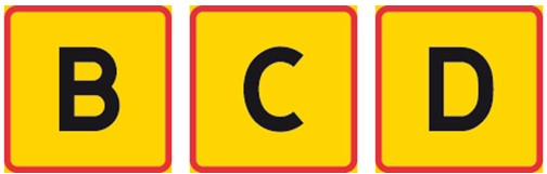 Tilläggsskyltar med bokstäverna B, C, D