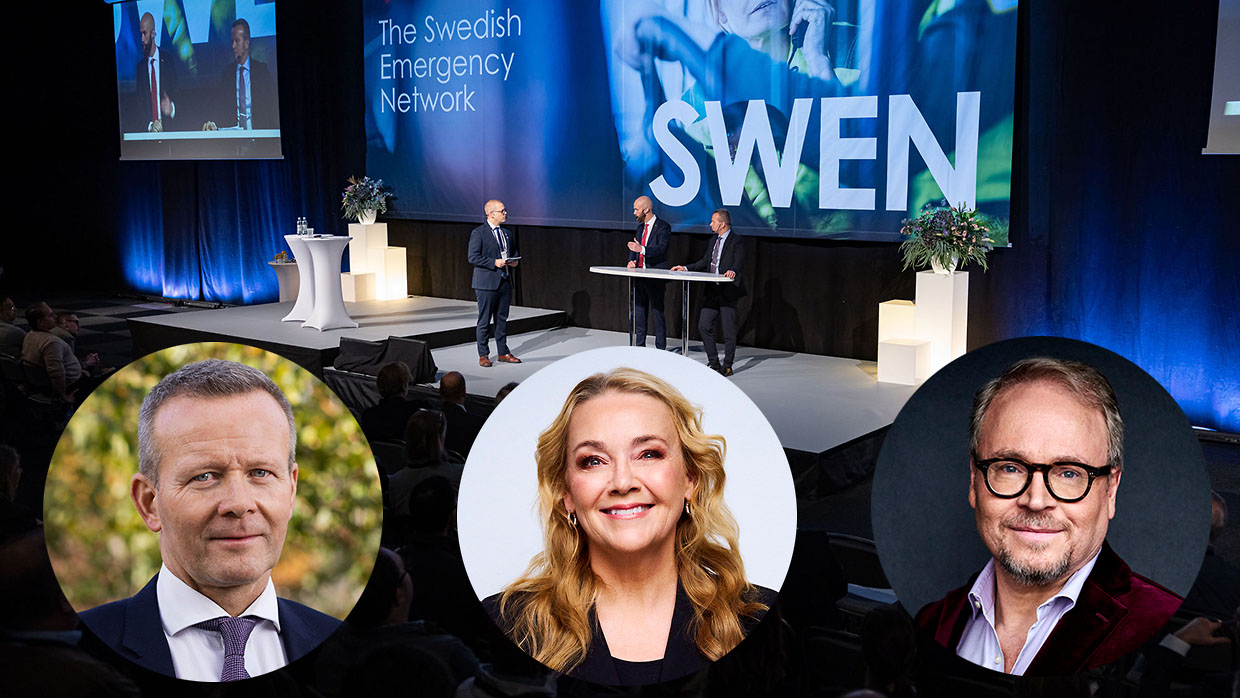 Mäss-scen. Vepa med texten The Swedish Emergency Network - SWEN. Porträtt på Mikael Frisell, Ellinor Persson och Fredrik Lindström.